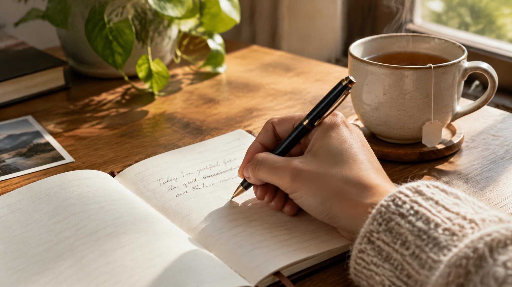 Person writing in a journal at a table with a cup of tea