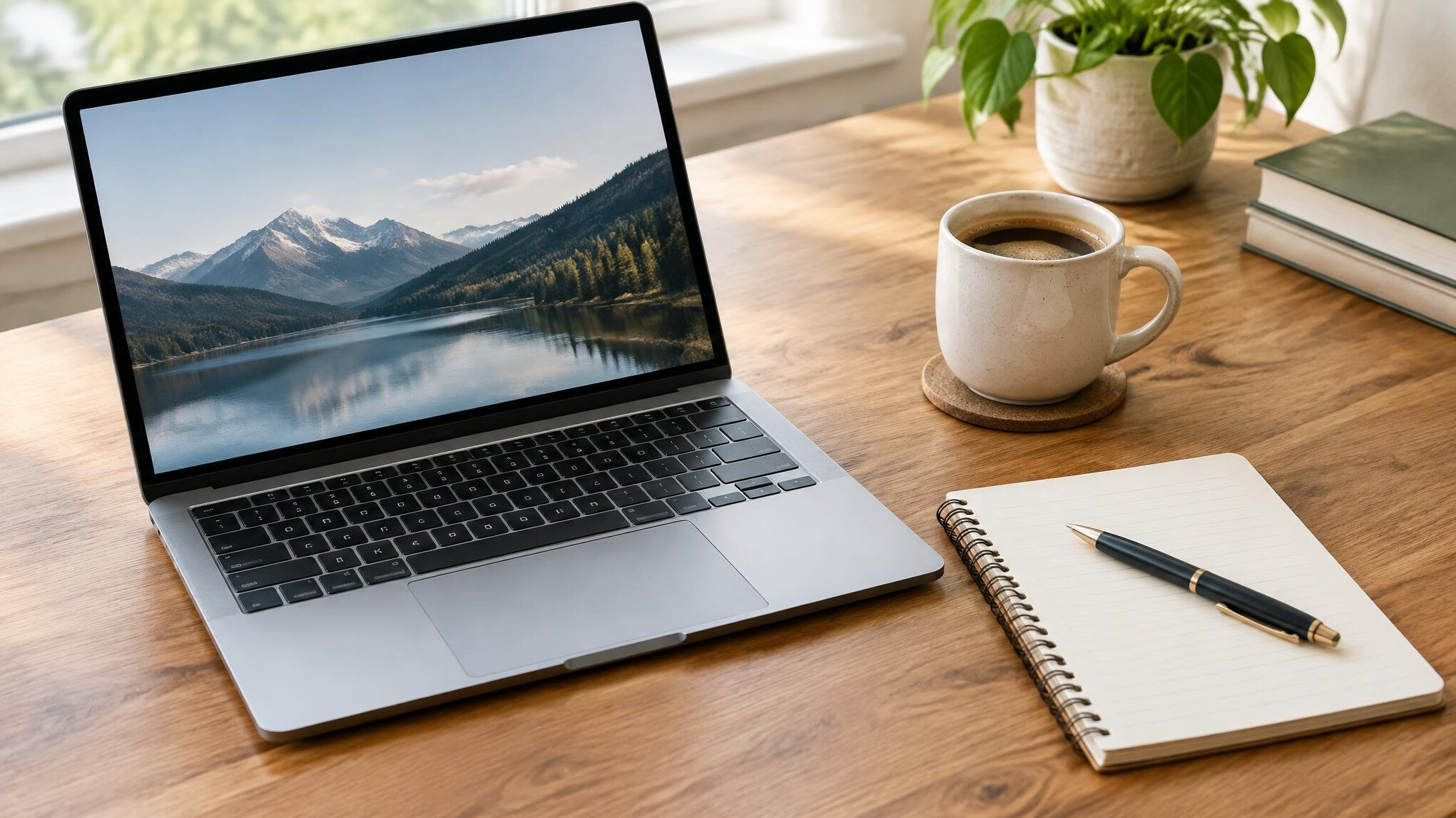 Laptop open next to a notebook and coffee on a wooden desk