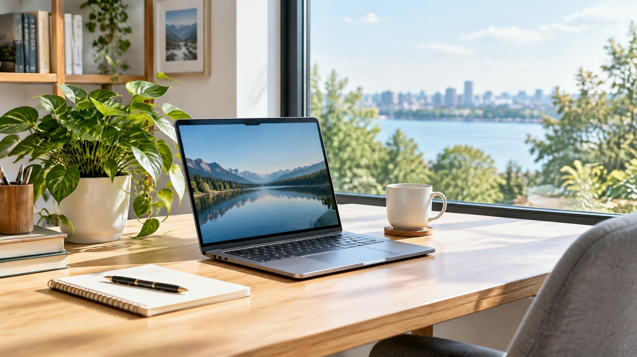 Bright modern workspace with a laptop, plant and large window